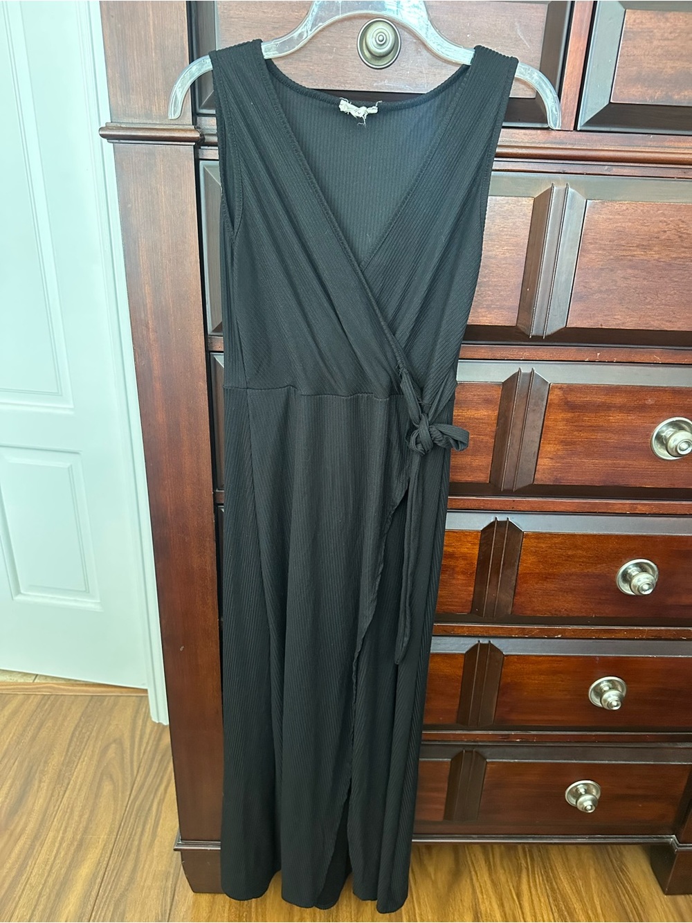 Women’s Large Black Ribbed Maxi Dress Sleeveless Wrap Front
